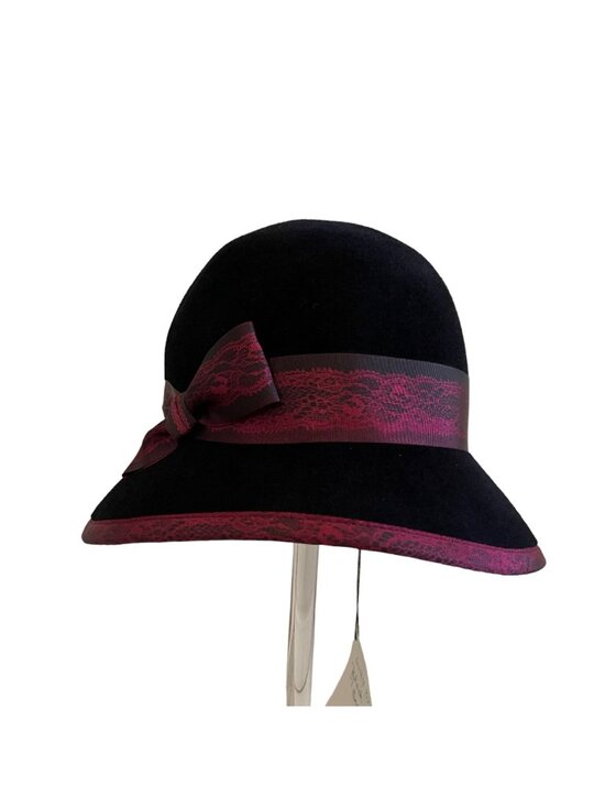 Louise Green Black Burgundy Lace Ribbon Bow Hat Cloche Style 100% Wool USA